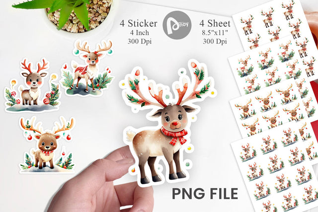 Watercolor Reindeer Christmas Sticker Sublimation artnoy 
