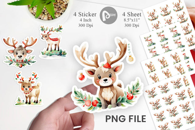 Watercolor Reindeer Christmas Sticker Sublimation artnoy 