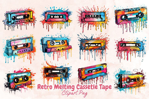 Watercolor Retro Melting Cassetle Tape Clipart Bundle Sublimation Designangry 