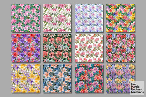 Watercolor Rhododendron Azalea Flowers Digital Paper Digital Pattern Fine Purple Elephant Creations 