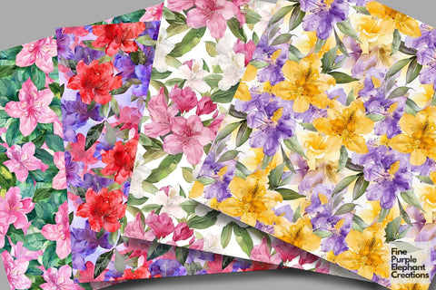 Watercolor Rhododendron Azalea Flowers Digital Paper Digital Pattern Fine Purple Elephant Creations 