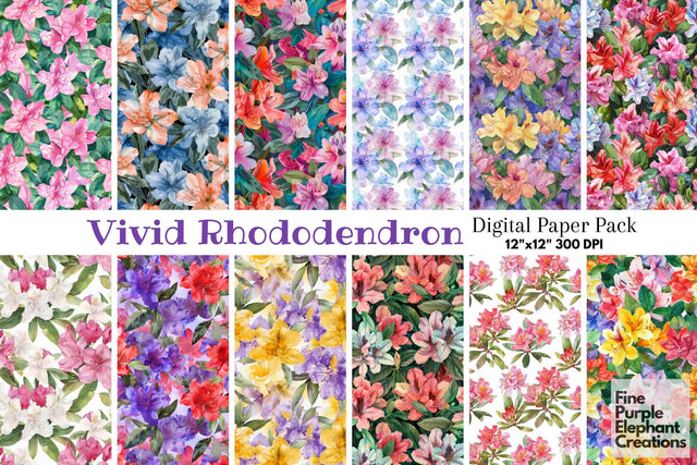 Watercolor Rhododendron Azalea Flowers Digital Paper Digital Pattern Fine Purple Elephant Creations 