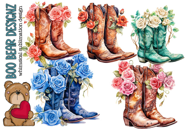 Watercolor Rose Cowgirl boot Clipart Sublimation Boo Bear Designz 