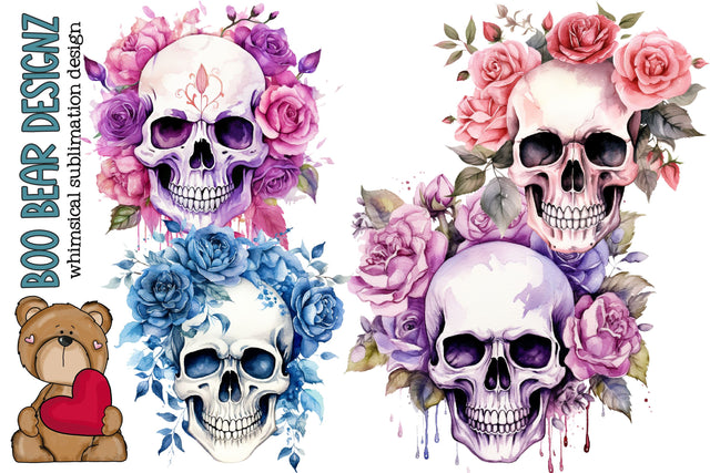 Watercolor Rose skull Clipart Sublimation Boo Bear Designz 