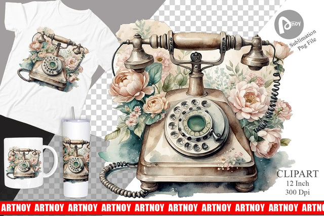 Watercolor Rotary Telephone Clipart Sublimation artnoy 