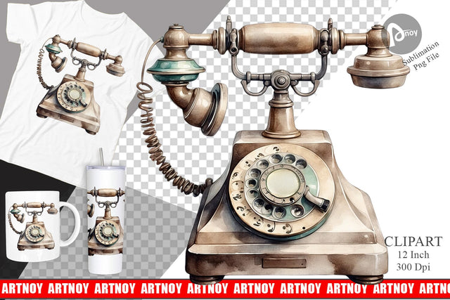 Watercolor Rotary Telephone Clipart Sublimation artnoy 