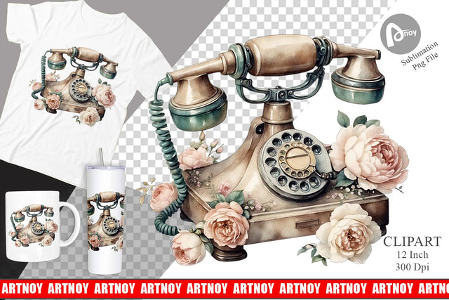 Watercolor Rotary Telephone Clipart Sublimation artnoy 