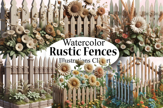 Watercolor Rustic Picket Fences Clipart Sublimation SVGArt 