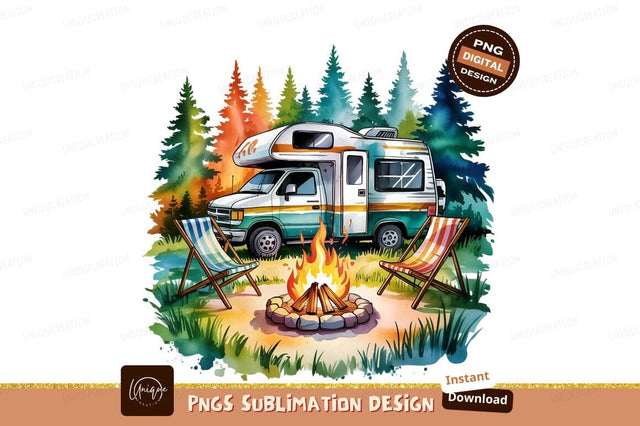 Watercolor Rv Trip With Bonfire Design Sublimation Designangry 