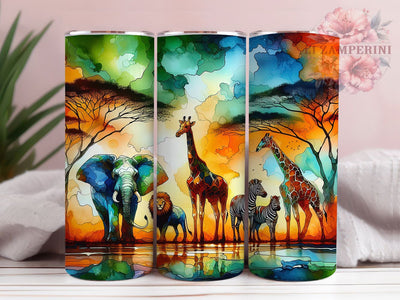 Watercolor Safari Animal Tumbler, Watercolor Style, Jungle Wildlife Theme, Elephant Giraffe Lion Design, Exotic Nature Artwork, Vibrant Safari Scene, Tumbler Wrap, Sublimation Design, 20oz Tumbler, Art Sublimation Li Zamperini 
