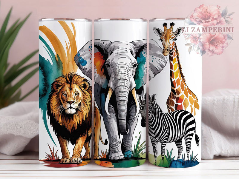 Watercolor Safari Animal Tumbler, Watercolor Style, Jungle Wildlife Theme, Elephant Giraffe Lion Design, Exotic Nature Artwork, Vibrant Safari Scene, Tumbler Wrap, Sublimation Design, 20oz Tumbler, Art Sublimation Li Zamperini 