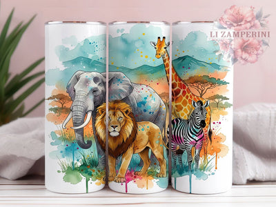 Watercolor Safari Animal Tumbler, Watercolor Style, Jungle Wildlife Theme, Elephant Giraffe Lion Design, Exotic Nature Artwork, Vibrant Safari Scene, Tumbler Wrap, Sublimation Design, 20oz Tumbler, Art Sublimation Li Zamperini 