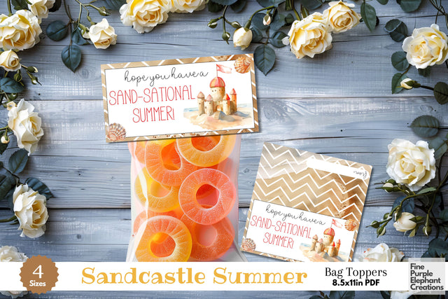 Watercolor Sand Castle Beach Printable Treat Bag Topper Card - Small Favor End School Year Summer Gift Digital Pattern Fine Purple Elephant Creations 