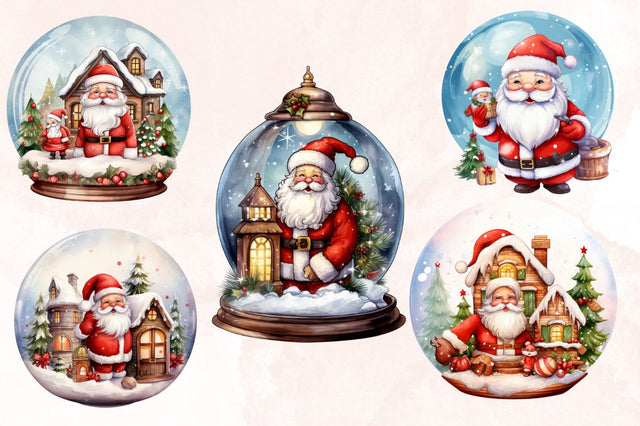 Watercolor Santa Claus in Snow Globe Clipart Bundle Sublimation Designangry 