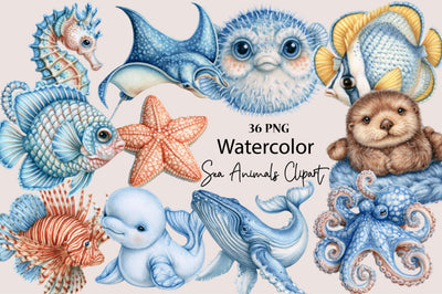 Watercolor Sea Animals Clipart Sublimation SVGArt 