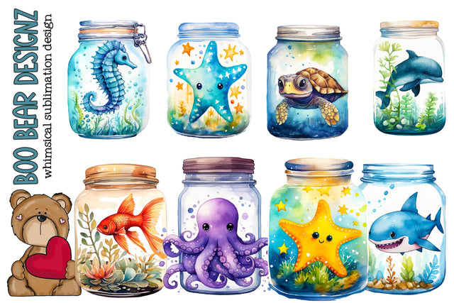 Watercolor Sea Creature Jar Clipart Sublimation Boo Bear Designz 