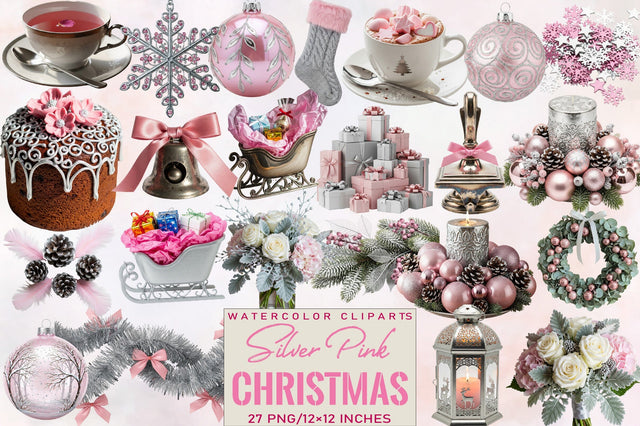 Watercolor Silver Pink Christmas Clipart Bundle. Sublimation SVGArt 