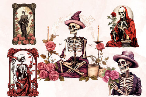 Watercolor Skeleton Witch Tarot Card Clipart Bundle Sublimation Designangry 