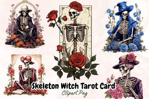 Watercolor Skeleton Witch Tarot Card Clipart Bundle Sublimation Designangry 