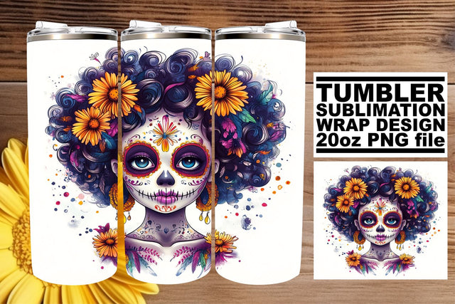 Watercolor Skull Design Tumbler – 20oz Halloween Wrap Sublimation afrosvg 