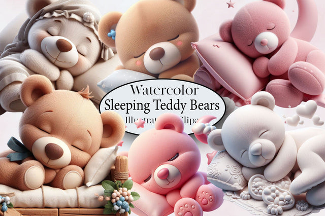 Watercolor Sleeping Teddy Bears Clipart Bundle Sublimation SVGArt 