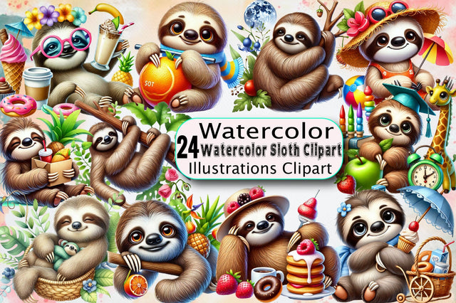 Watercolor Sloth Clipart Sublimation Clipart Bundle Sublimation SVGArt 