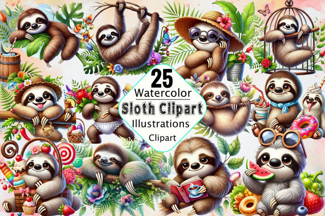 Watercolor Sloth Clipart Sublimation SVGArt 