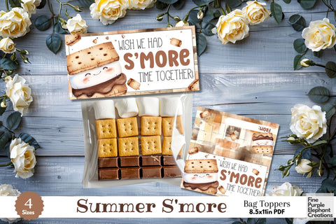 Watercolor S'more Printable Treat Bag Topper Card - Smore Small Favor End School Year Summer Gift Digital Pattern Fine Purple Elephant Creations 