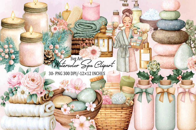 Watercolor Spa Clipart Bundle. Sublimation SVGArt 