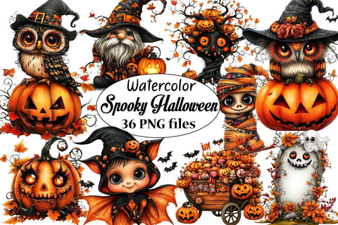 Watercolor Spooky Halloween Clipart Bundle. Sublimation SVGArt 
