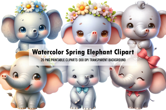 Watercolor Spring Elephant Clipart Sublimation Rupkotha 