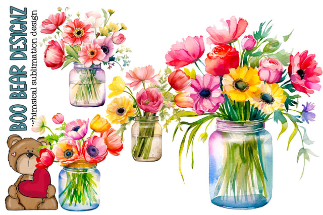 Watercolor Spring flower Jar Clipart Sublimation Boo Bear Designz 