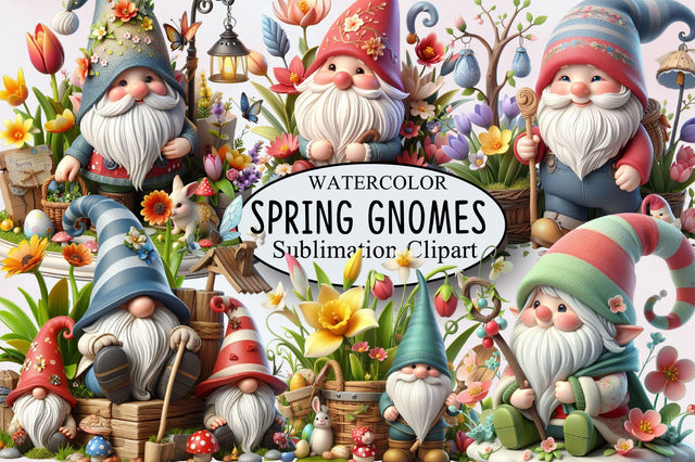 Watercolor Spring Gnomes Clipart Sublimation SVGArt 