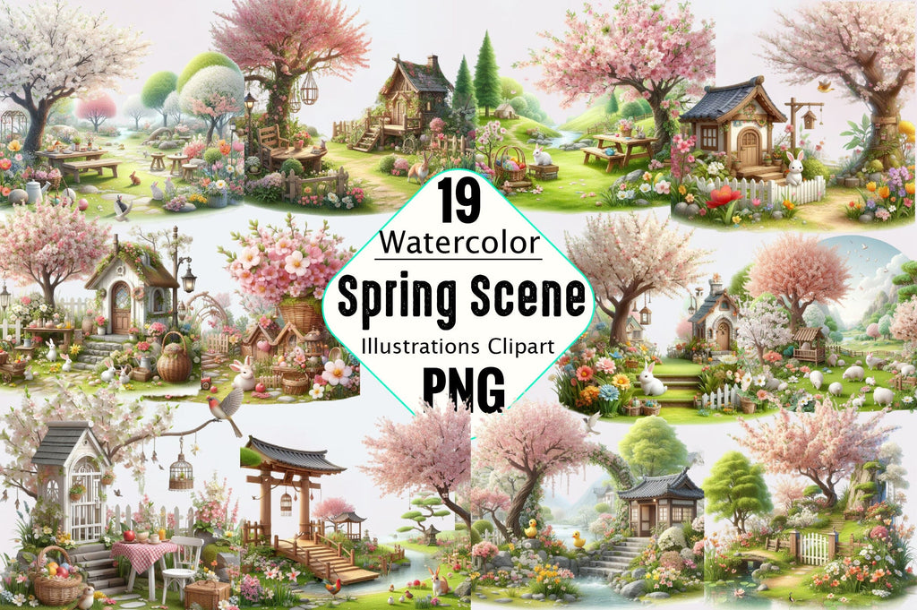 Watercolor Spring Scene Clipart Bundle - So Fontsy
