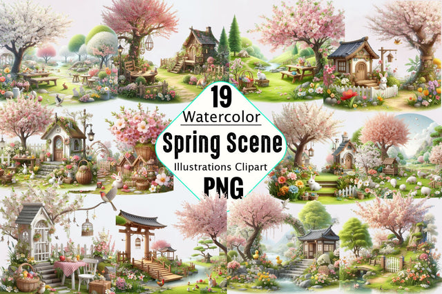 Watercolor Spring Scene Clipart Bundle Sublimation SVGArt 