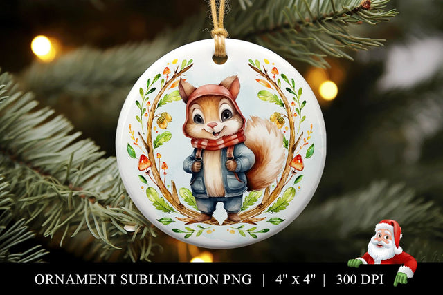 Watercolor Squirrel Round Christmas Ornament Sublimation PNG Sublimation BijouBay 