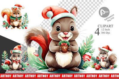 Watercolor Squirrel with Christmas Acorns Clipart Sublimation artnoy 