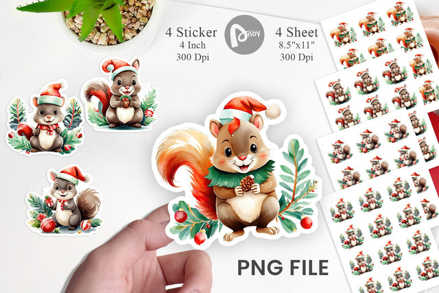 Watercolor Squirrel with Christmas Acorns Sticker Sublimation artnoy 