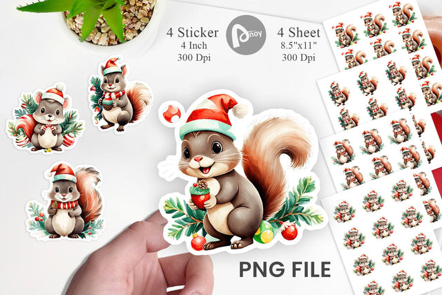 Watercolor Squirrel with Christmas Acorns Sticker Sublimation artnoy 