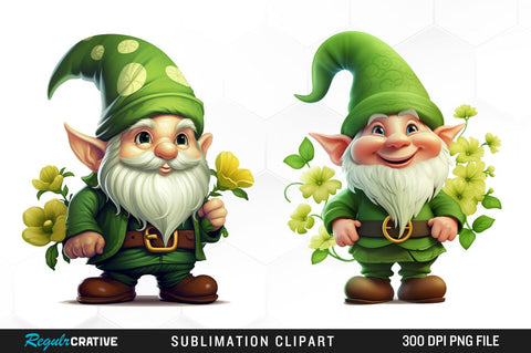 Watercolor St Patrick Green Gnome Clipart Bundle Sublimation Regulrcrative 