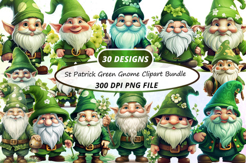 Watercolor St Patrick Green Gnome Clipart Bundle Sublimation Regulrcrative 