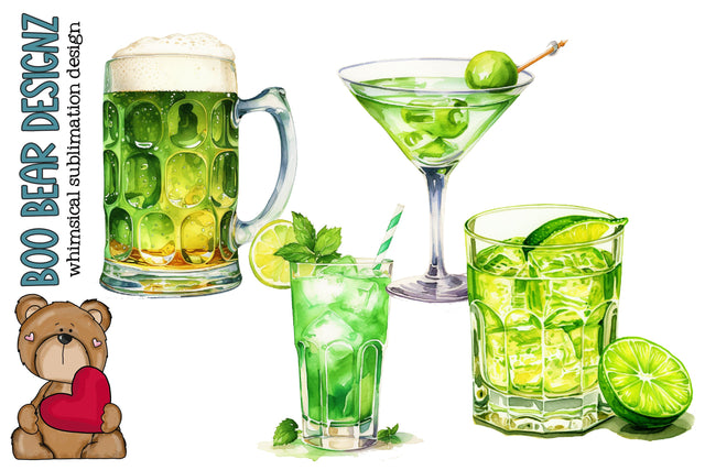 Watercolor St Patrick's Day Adult Drink Clipart Sublimation Boo Bear Designz 