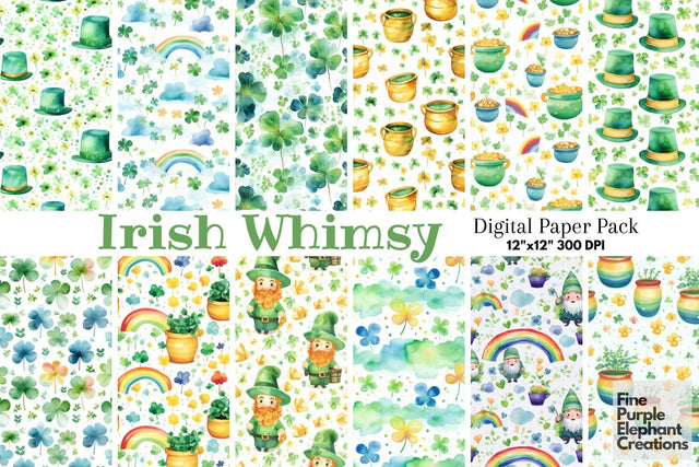 Watercolor St. Patrick's Day Digital Paper | Irish Leprechaun Digital Pattern Fine Purple Elephant Creations 