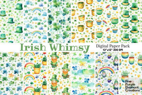 Watercolor St. Patrick's Day Digital Paper | Irish Leprechaun Digital Pattern Fine Purple Elephant Creations 