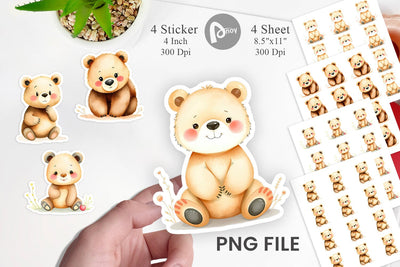 Watercolor Sticker Bear Wildlife Sublimation artnoy 