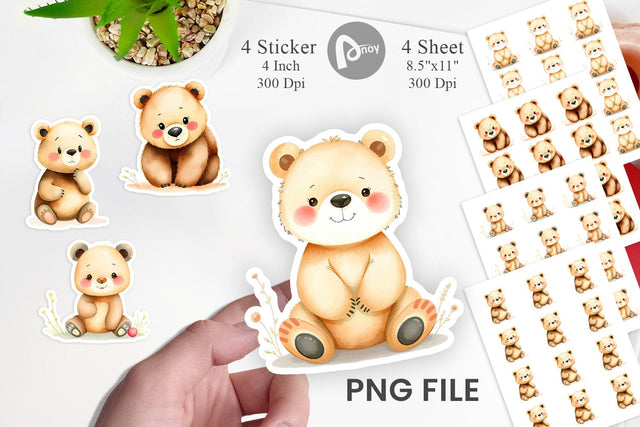 Watercolor Sticker Bear Wildlife Sublimation artnoy 