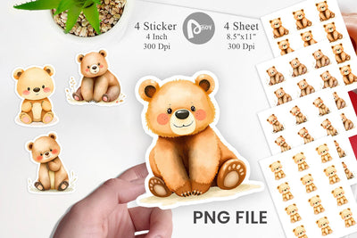 Watercolor Sticker Bear Wildlife Sublimation artnoy 