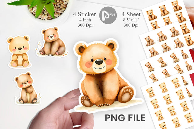 Watercolor Sticker Bear Wildlife Sublimation artnoy 