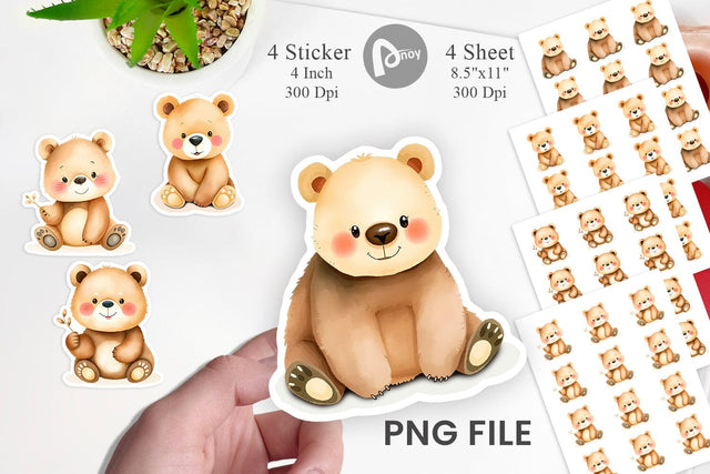 Watercolor Sticker Bear Wildlife Sublimation artnoy 