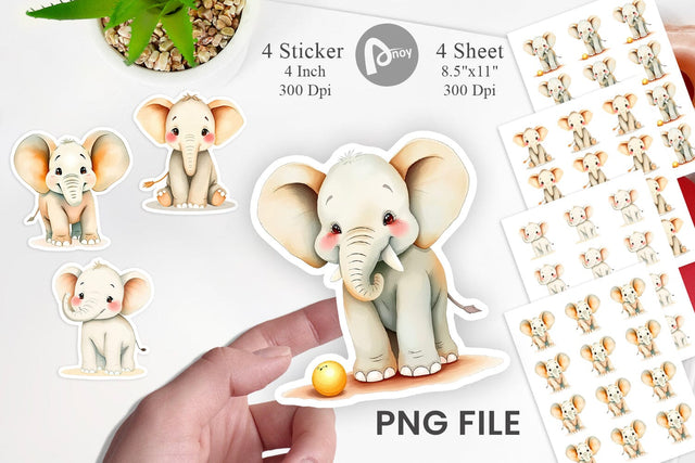 Watercolor Sticker Elephant Wildlife Sublimation artnoy 